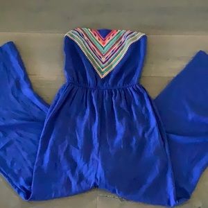 Long Royal Blue Strapless Jumpsuit